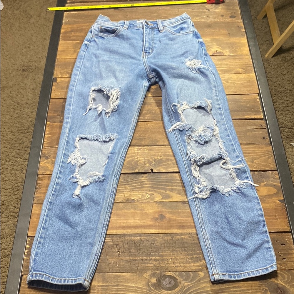 Cello Straight Leg Blue Jeans with Vintage Distressing